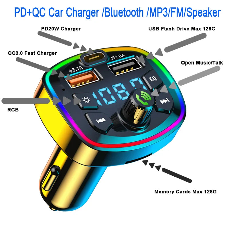 Bluetooth 5.0 FM Transmitter - Car Adapter with Dual USB Charger